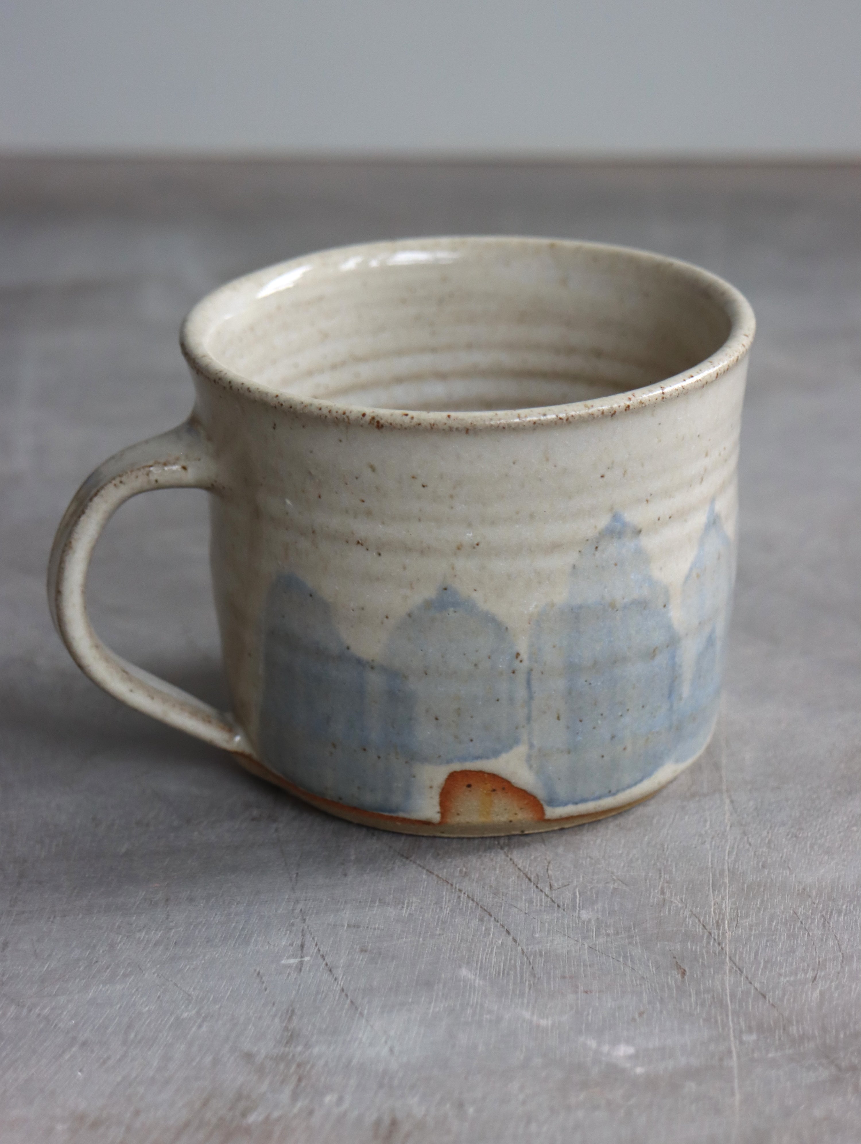 Coffee Cup in White Speckle and Blue Brushwork (7oz)