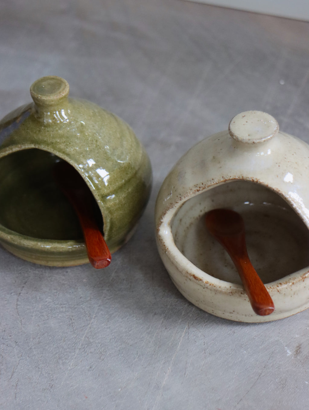 Salt Pig in Light Moss and Small Wooden Spoon