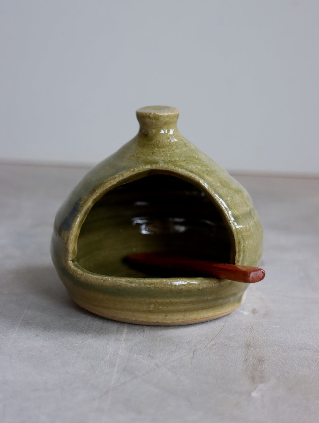 Salt Pig in Light Moss and Small Wooden Spoon