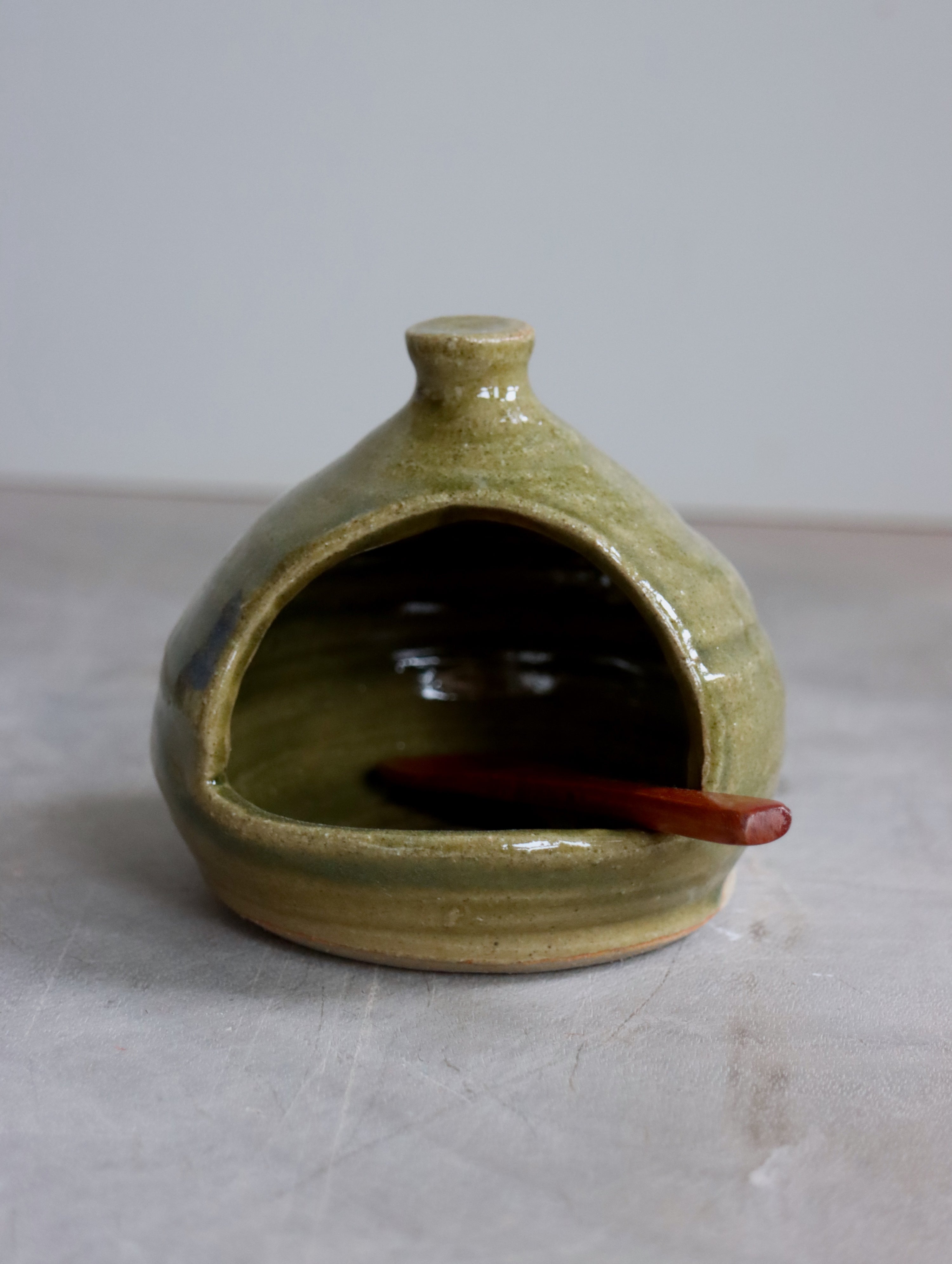 Salt Pig in Light Moss and Small Wooden Spoon