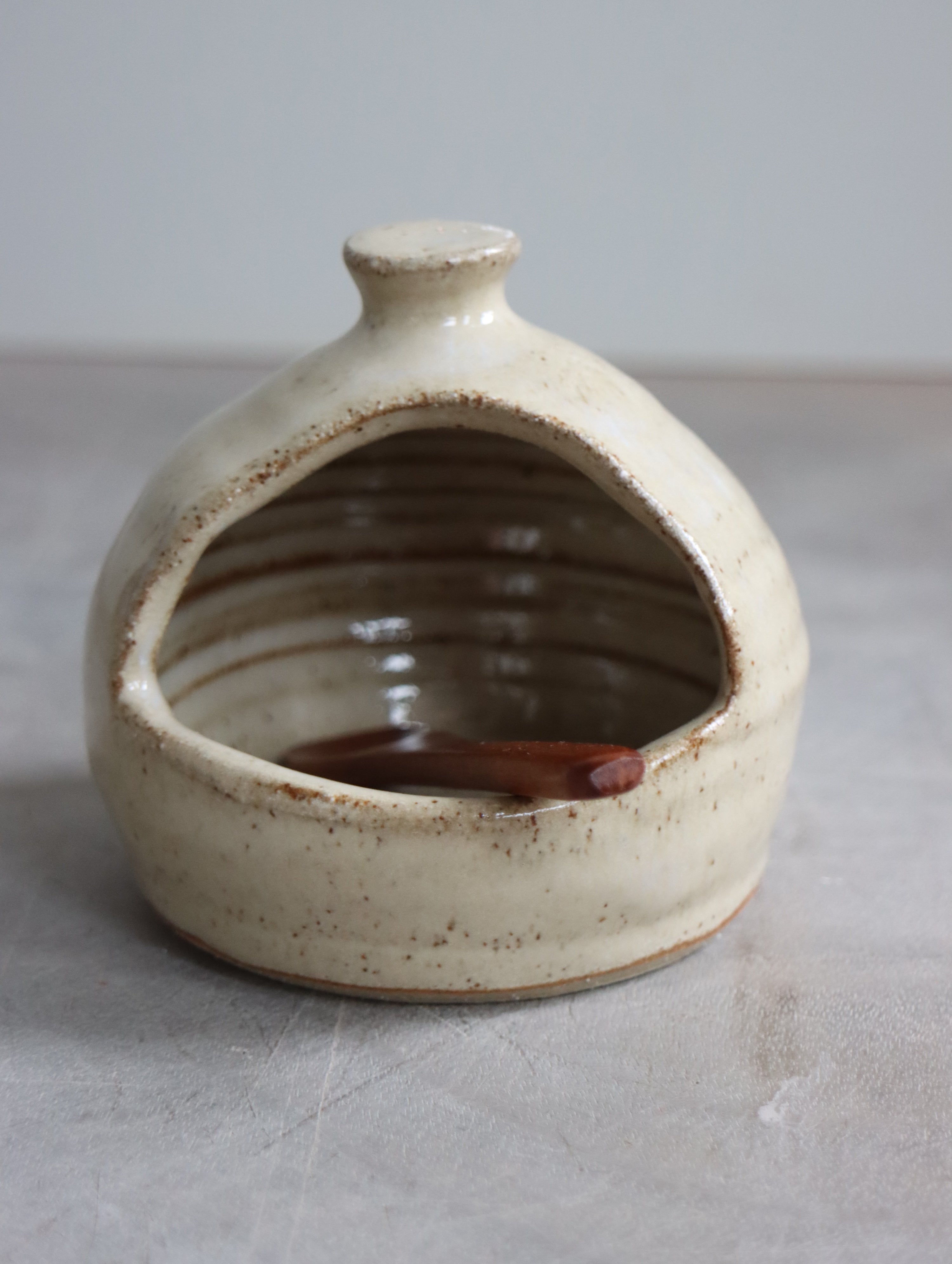 Salt Pig in Speckle White and Small Wooden Spoon