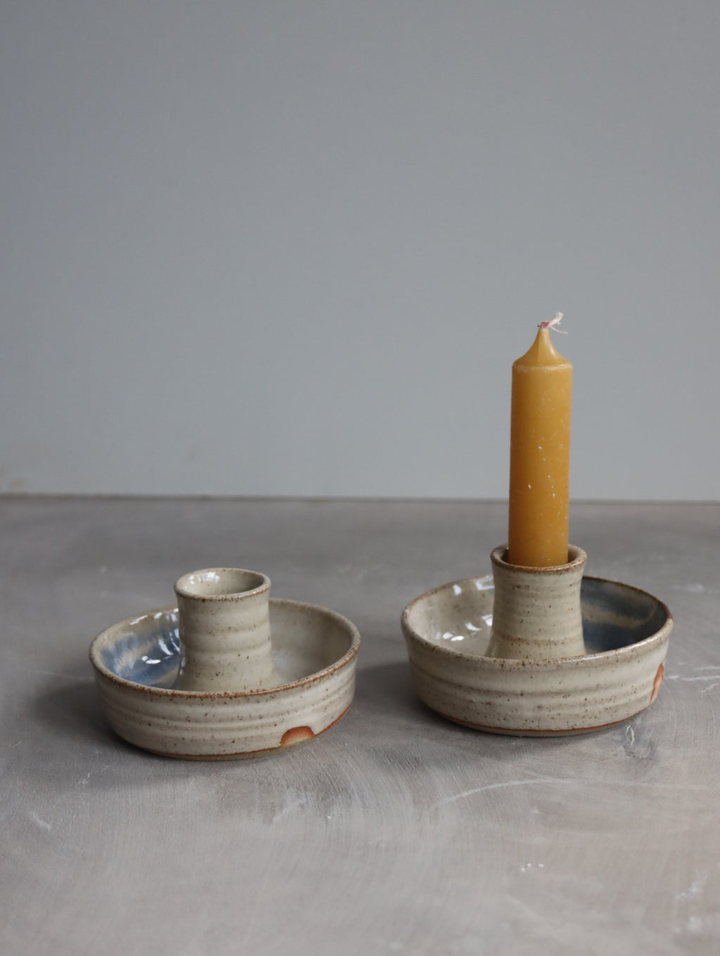 Candle Holder in Speckle White and Blue Brushwork
