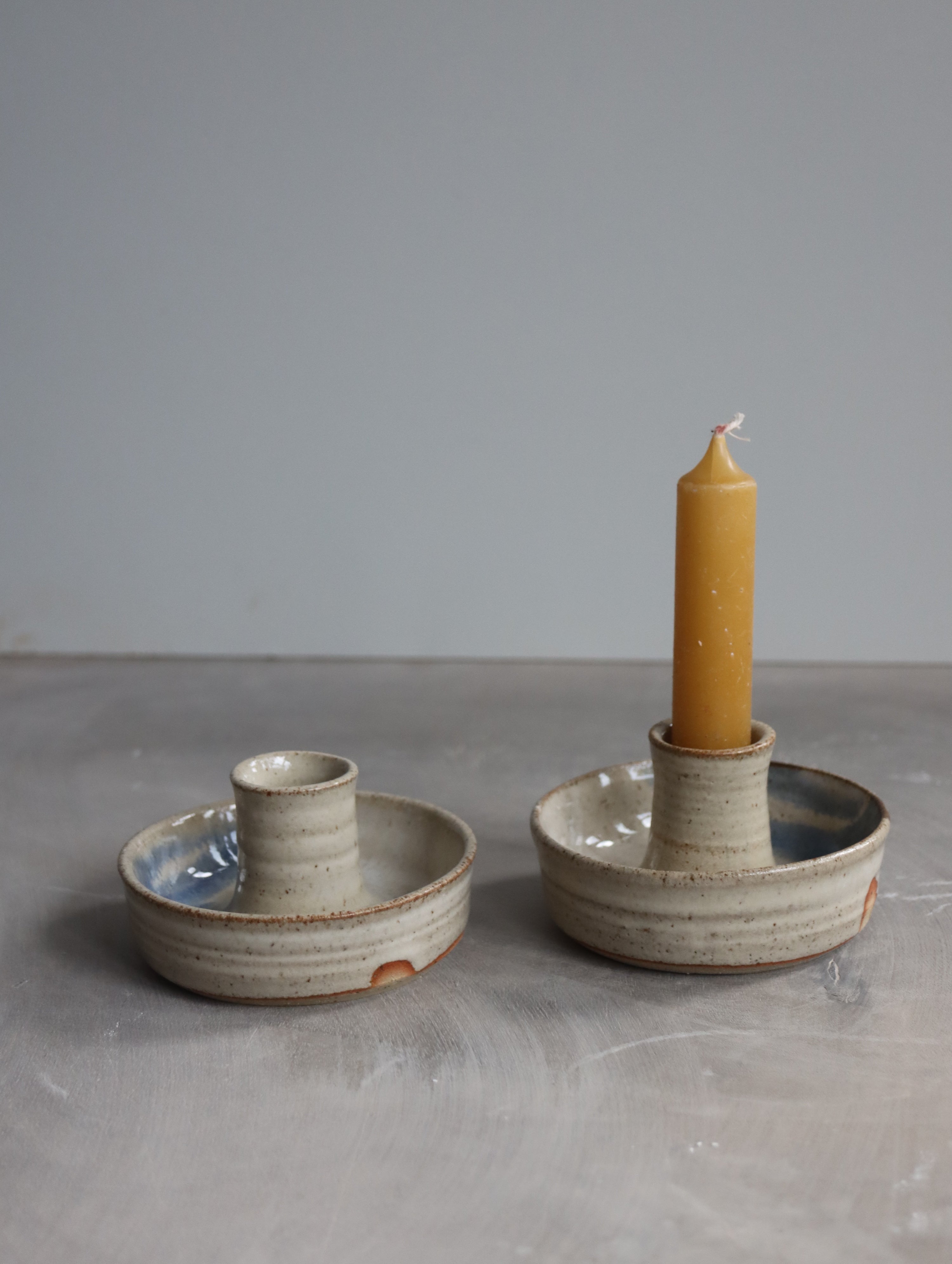 Candle Holder in Speckle White and Blue Brushwork