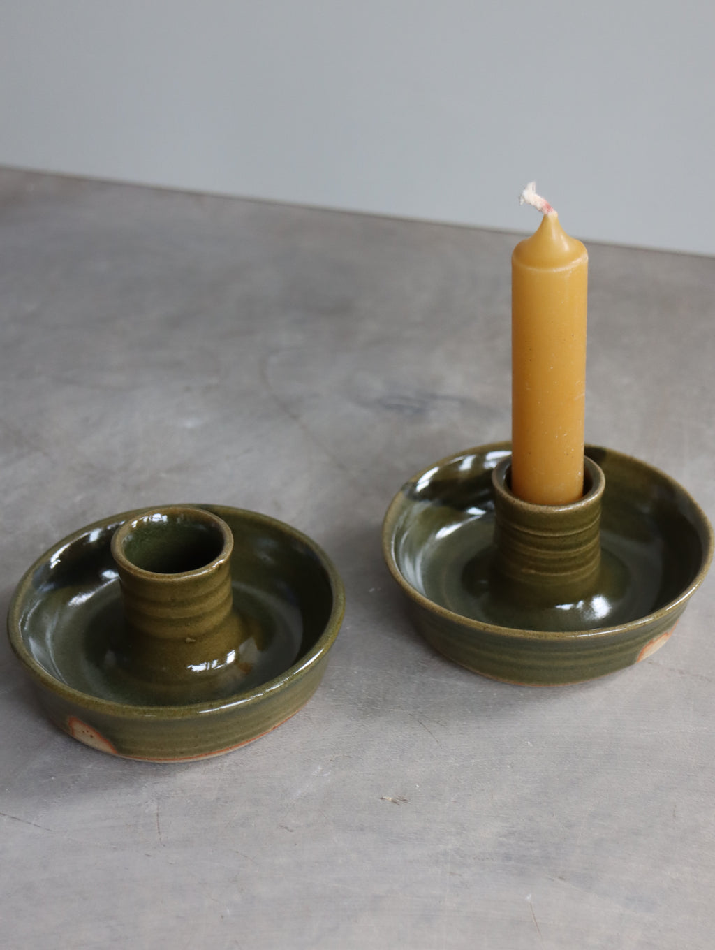 Candle Holder in Green and Oxide Brushwork