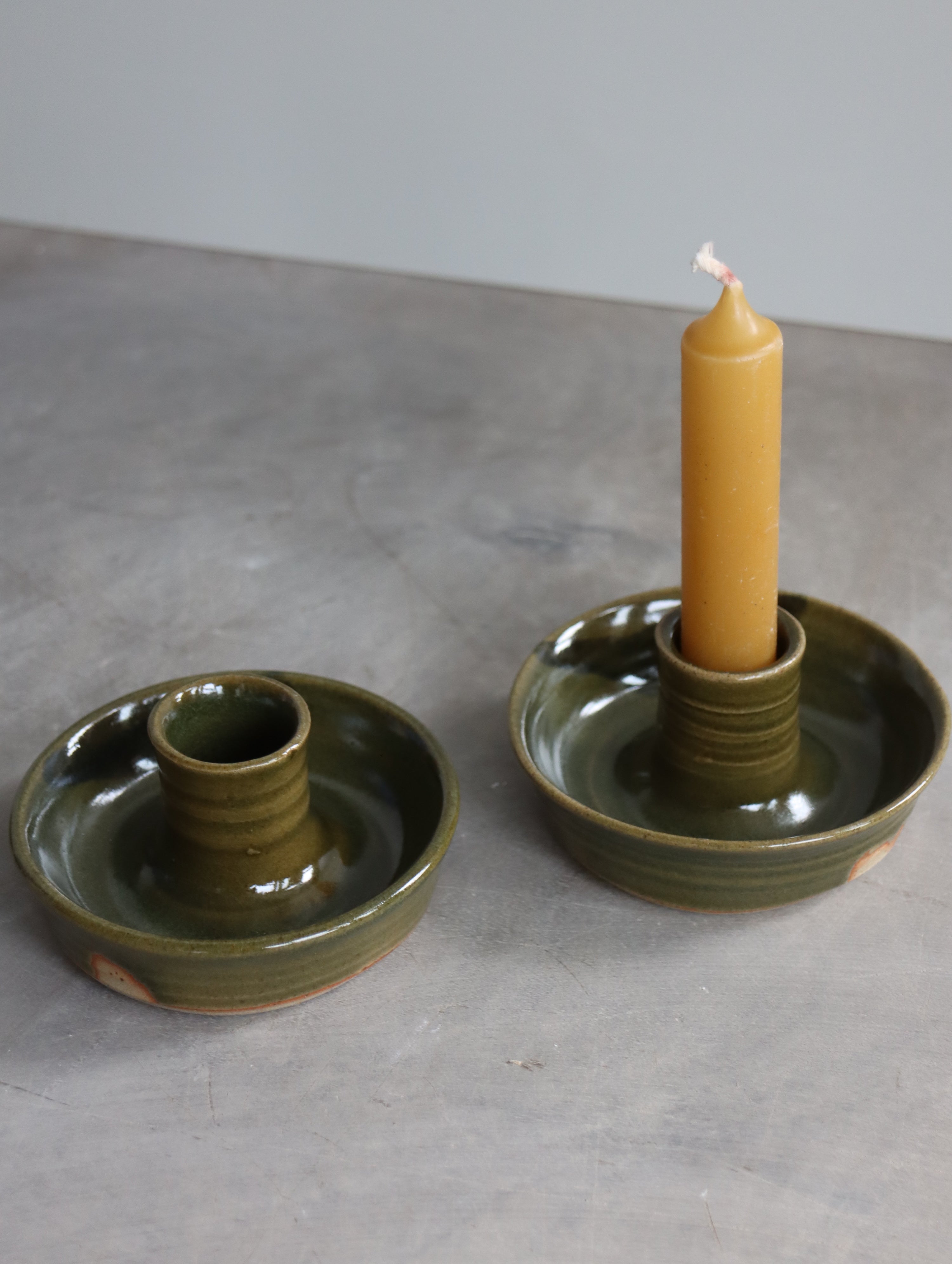 Candle Holder in Green and Oxide Brushwork