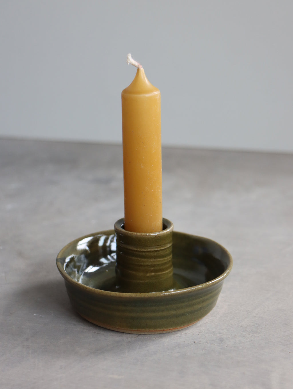 Candle Holder in Green and Oxide Brushwork
