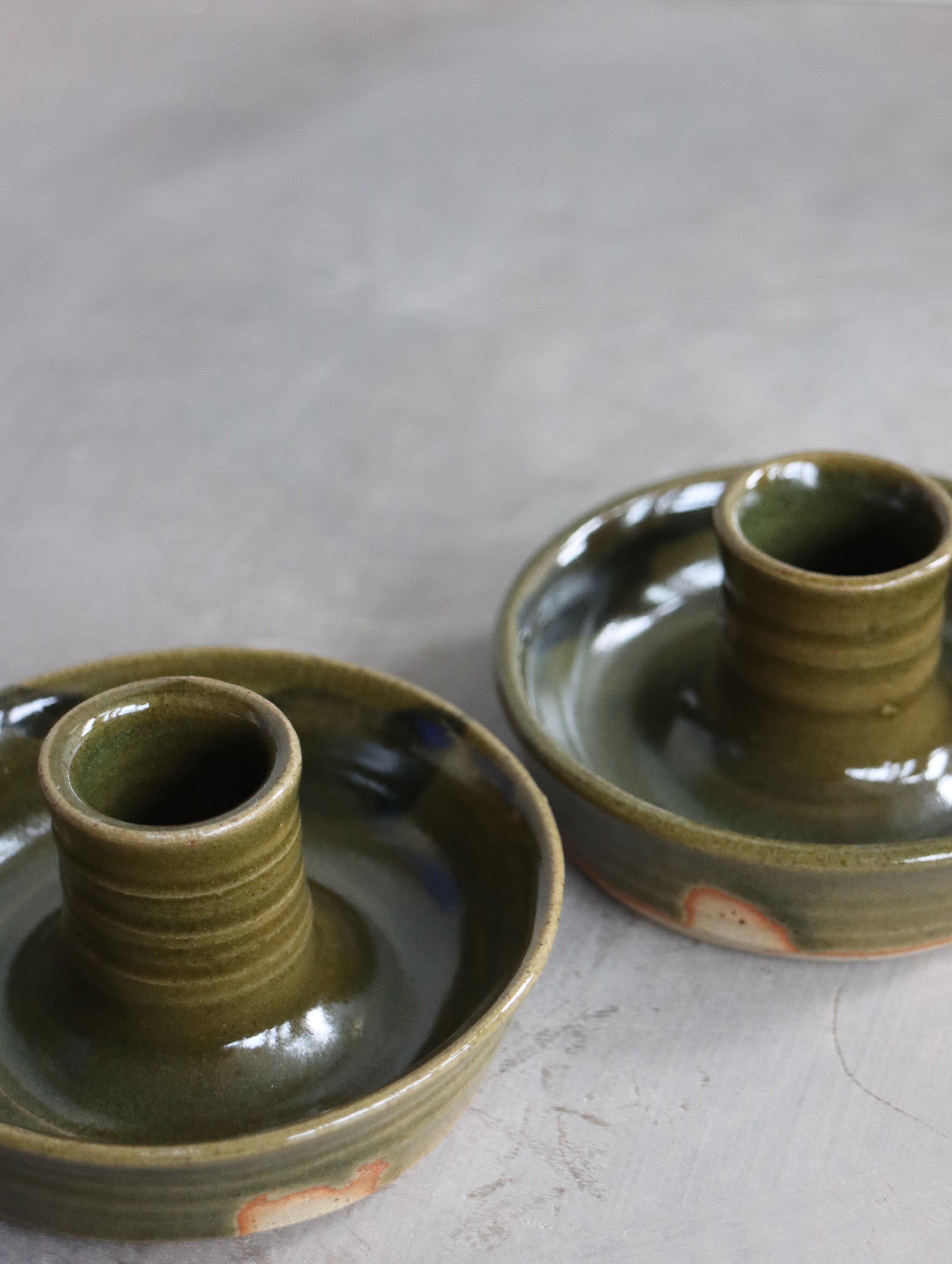 Candle Holder in Green and Oxide Brushwork
