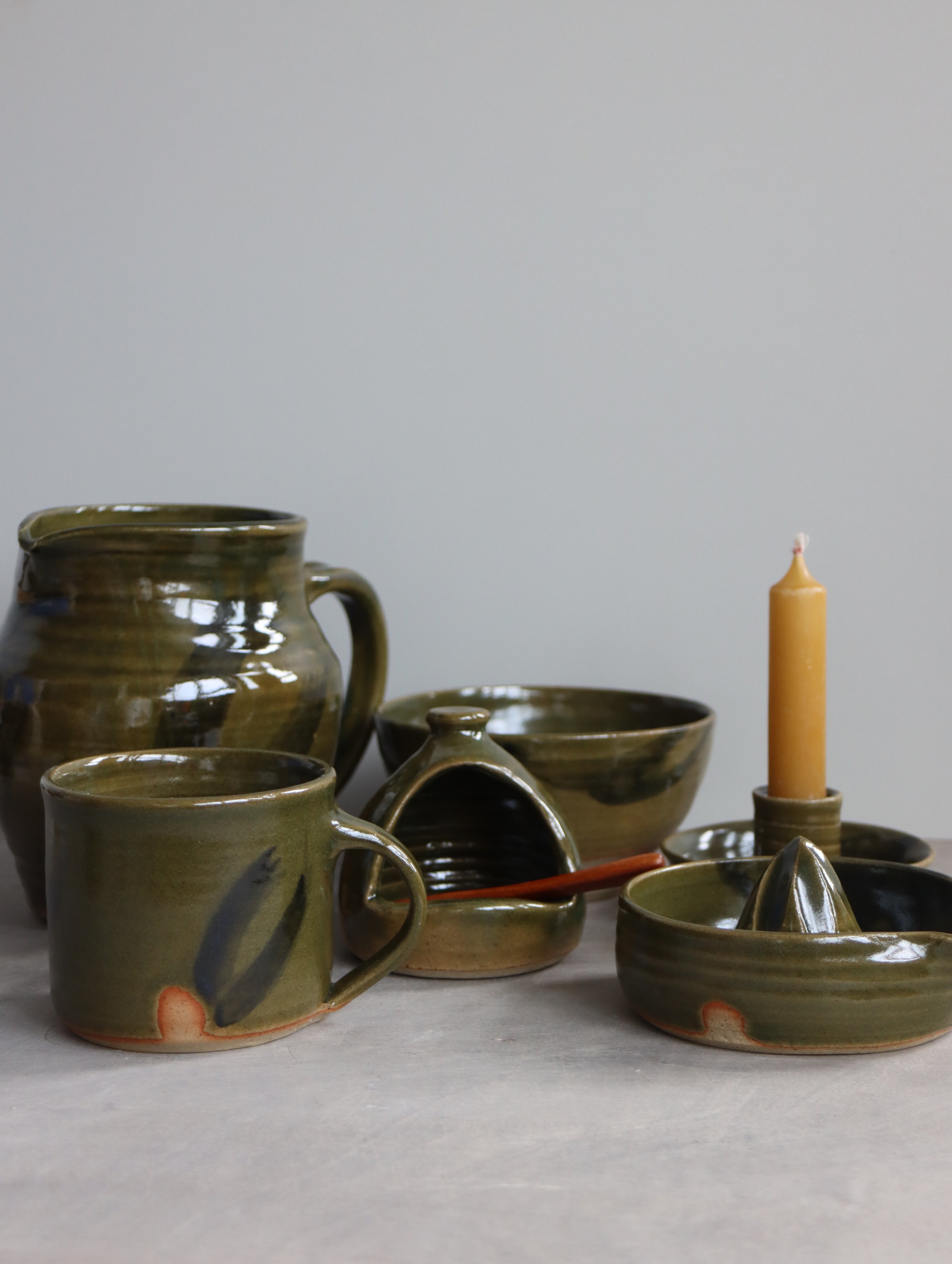 Candle Holder in Green and Oxide Brushwork