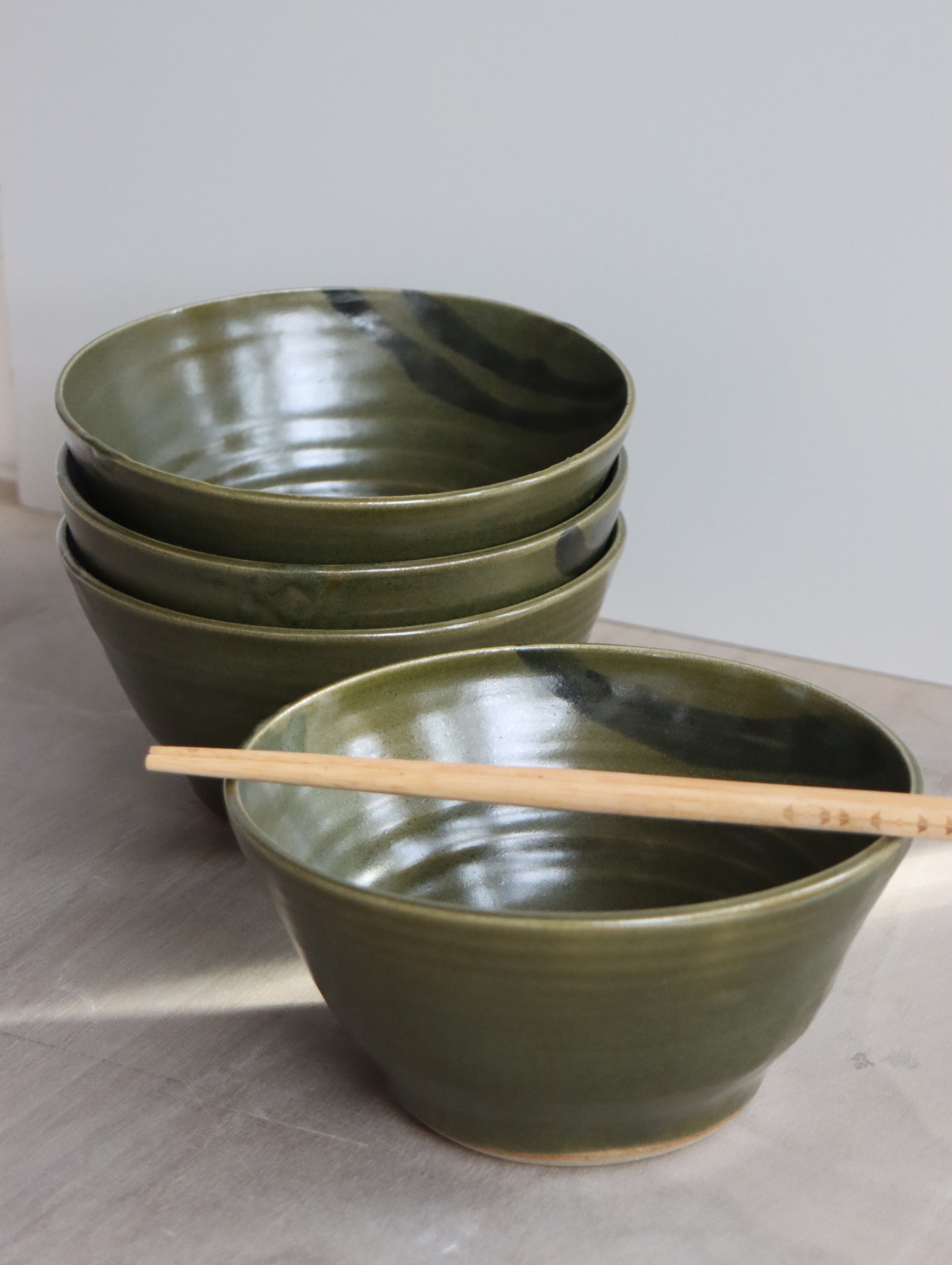 Ramen Bowl in Moss and Oxide Brushwork