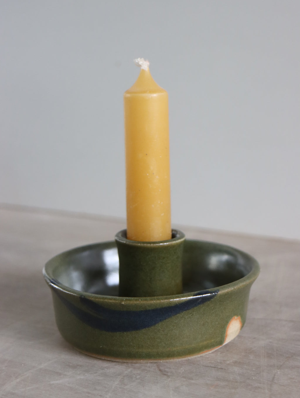 Candle Holder in Green and Oxide Brushwork