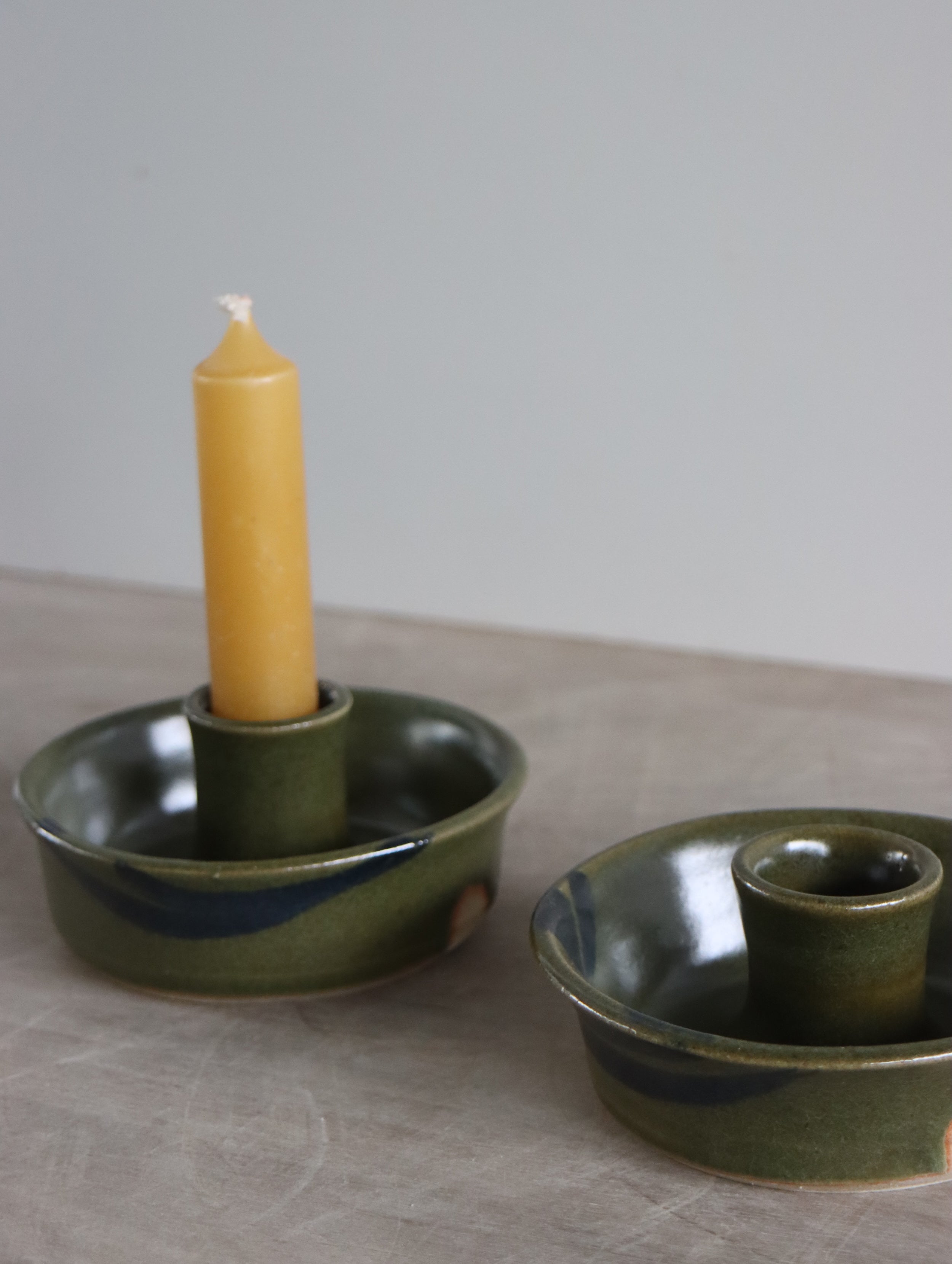 Candle Holder in Green and Oxide Brushwork