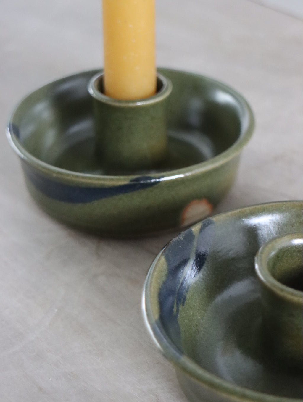 Candle Holder in Green and Oxide Brushwork