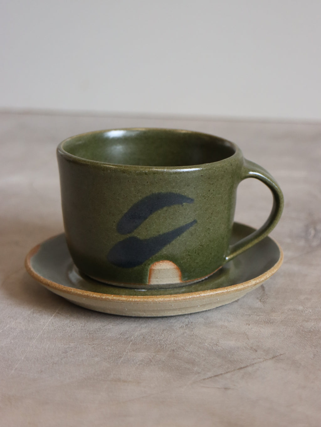Cup and Saucer in Moss and Navy Brushwork (6oz)