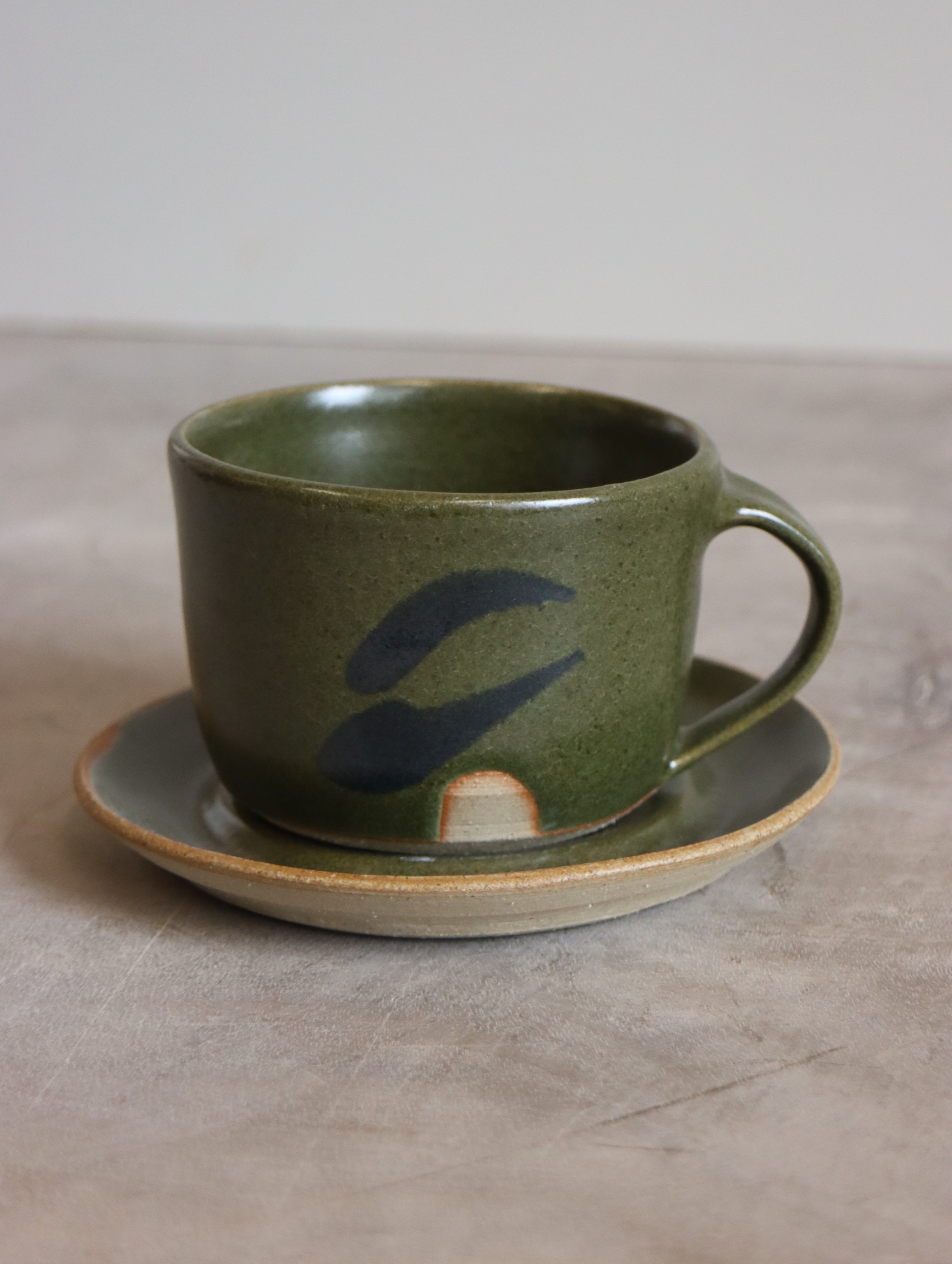 Cup and Saucer in Moss and Navy Brushwork (6oz)