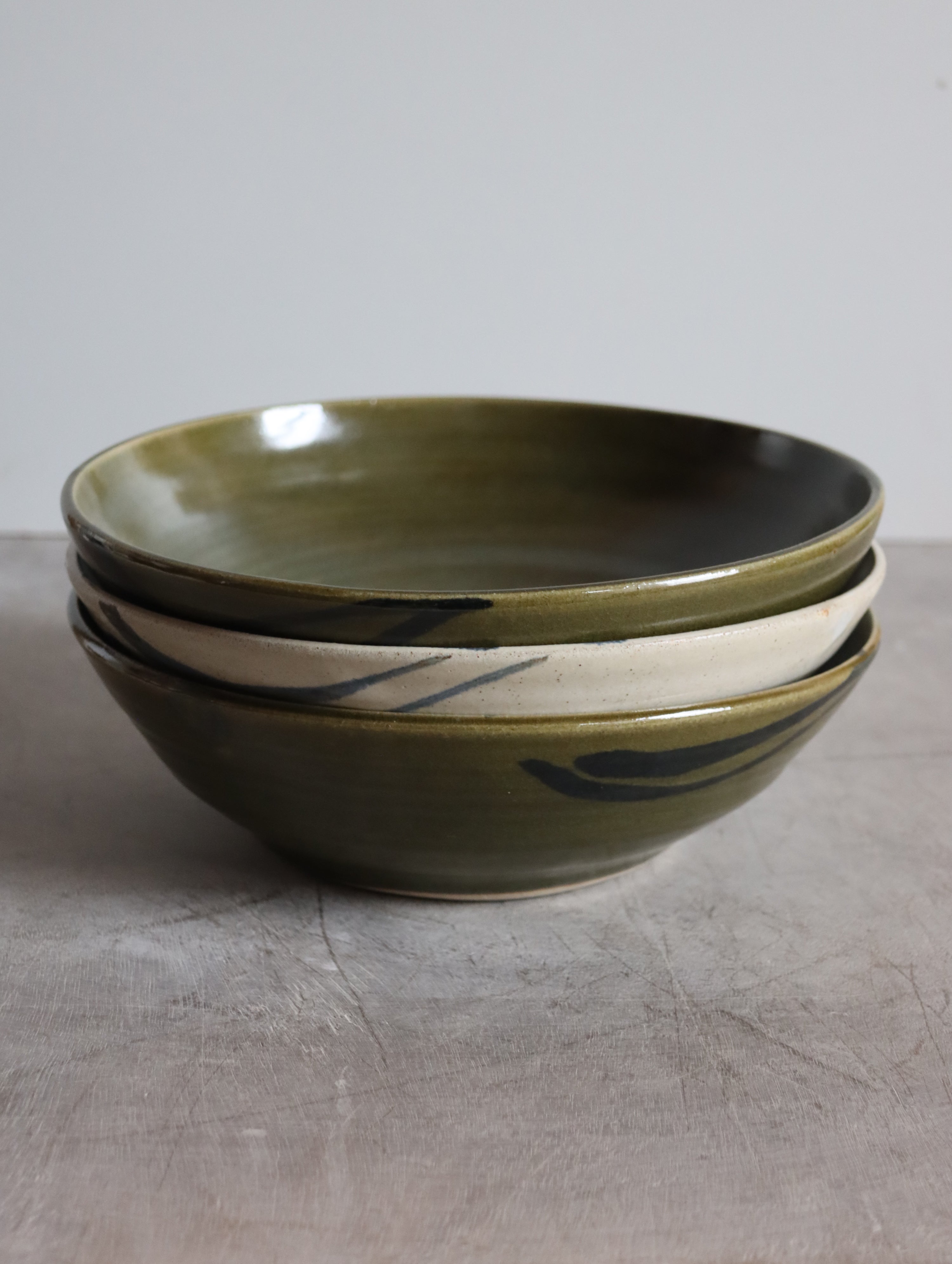 Pasta Bowl in Moss and Oxide Brushwork