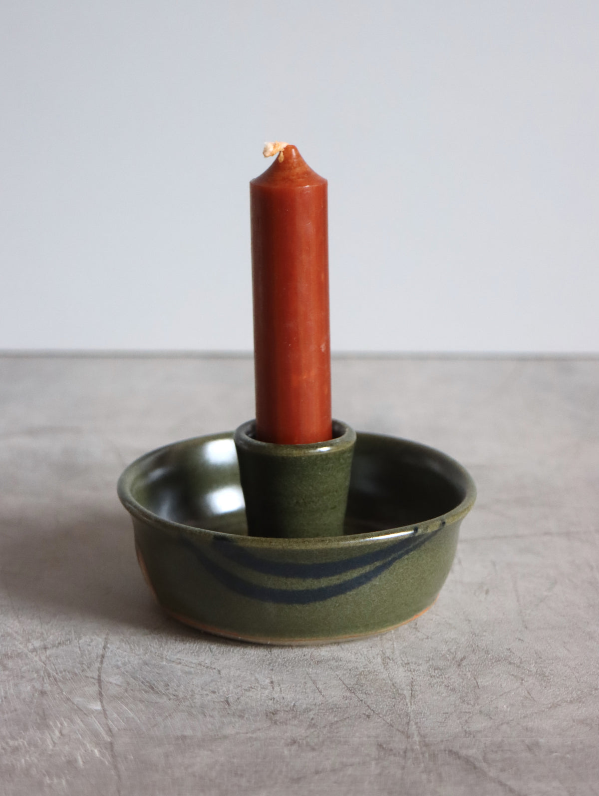 Candle Holder in Green and Oxide Brushwork (includes candle!)