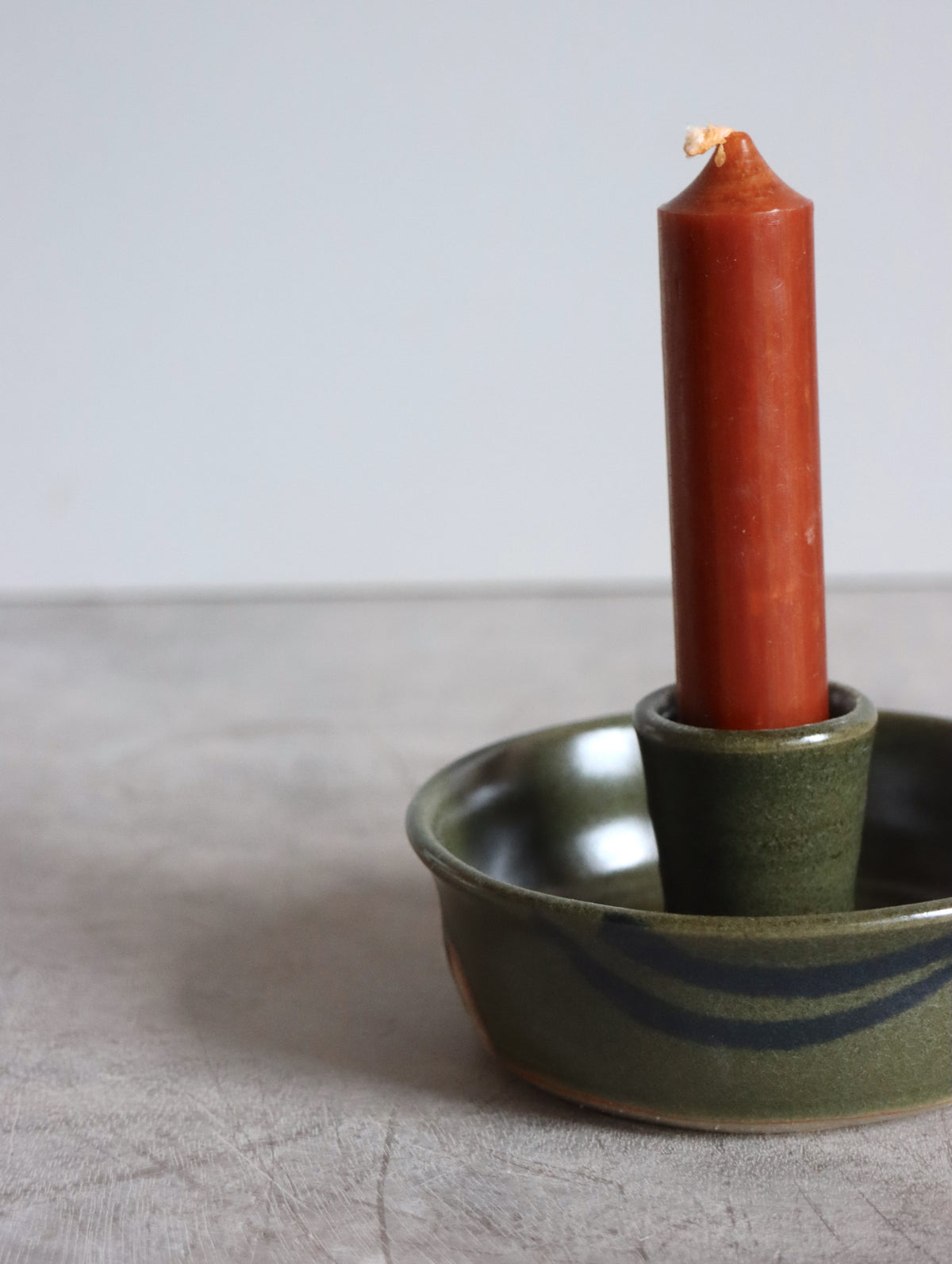 Candle Holder in Green and Oxide Brushwork (includes candle!)