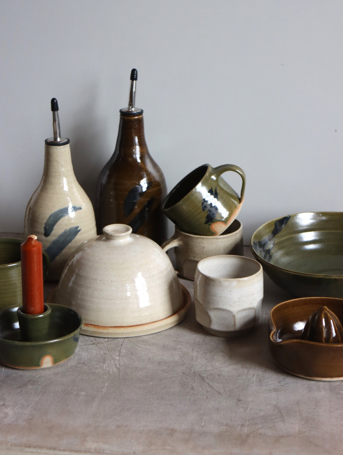 Candle Holder in Green and Oxide Brushwork (includes candle!)