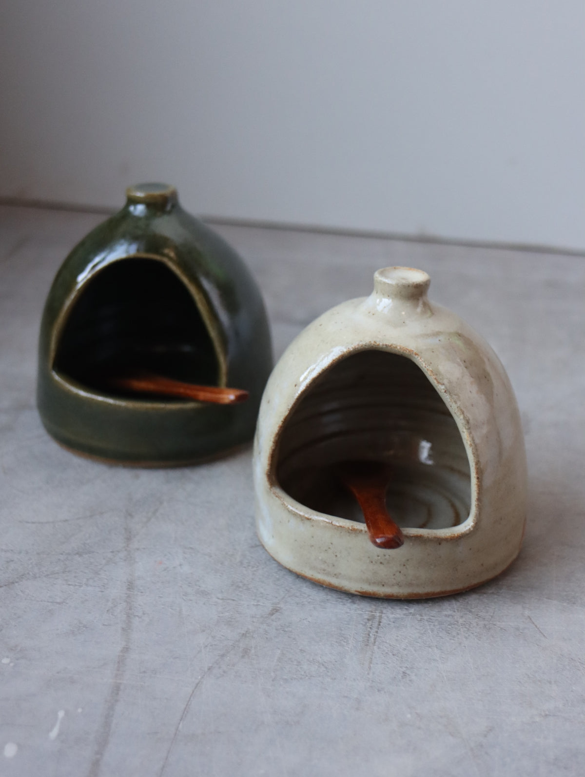 Salt Pig in Moss and Small Wooden Spoon