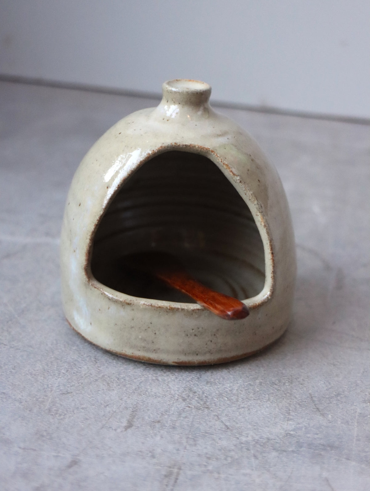 Salt Pig in Speckle White and Small Wooden Spoon