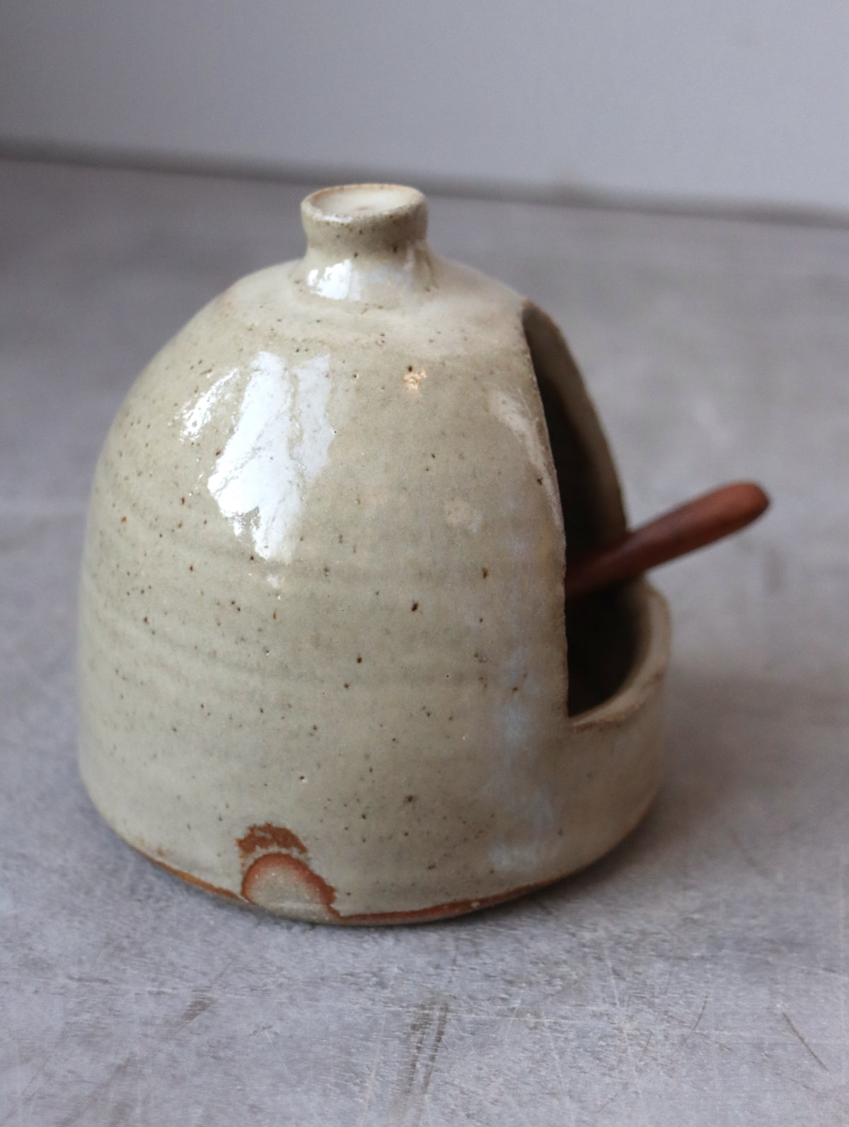 Salt Pig in Speckle White and Small Wooden Spoon