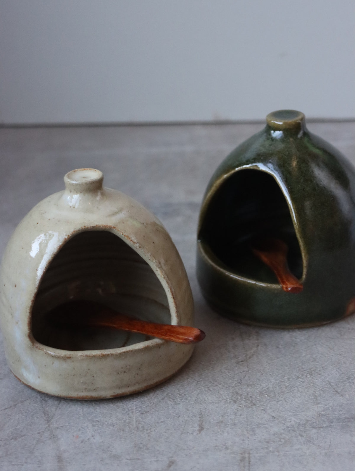 Salt Pig in Moss and Small Wooden Spoon
